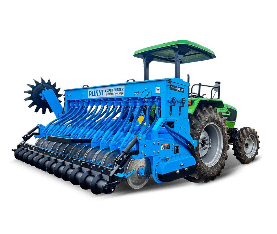 A tractor attachment Super Seeder, manufactured by Punni Agriculture Machinery, that plants seeds in rows with precision