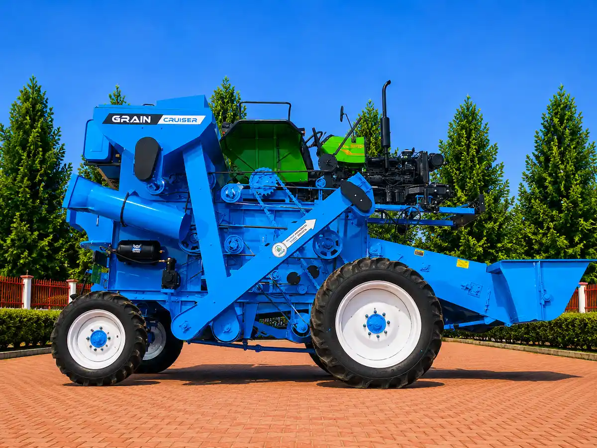 Punni 654 Harvester attached to Agricultural Tractor Side Profile