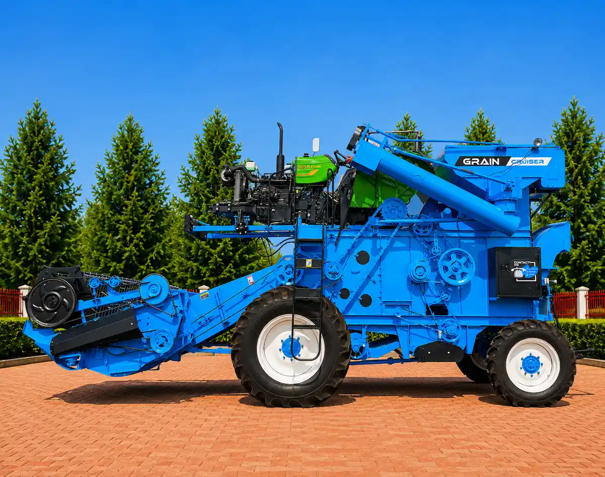 Punni 654 Harvester attached to Agricultural Tractor Side Profile 2