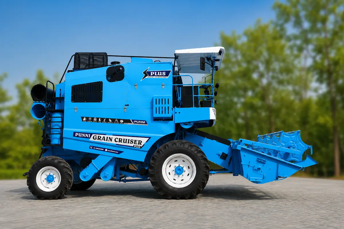 Right side view of Punni Grain Cruiser Plus Harvester with Auto Auger